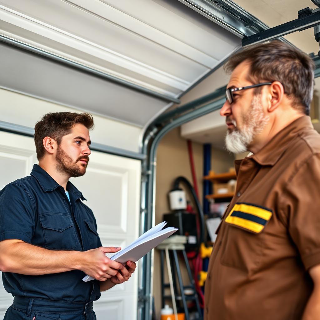 Garage door technician explaining repair options to homeowner